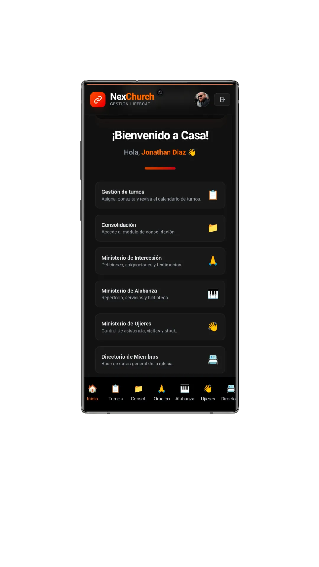 Pantalla de la aplicación NexChurch