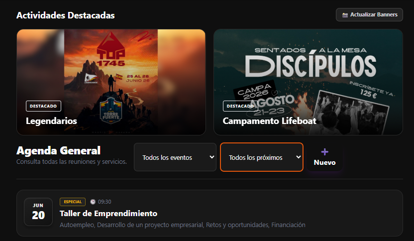 Agenda de NexChurch con próximos eventos de la Iglesia, banners, botón para compartir por WhatsApp y opción de agendar