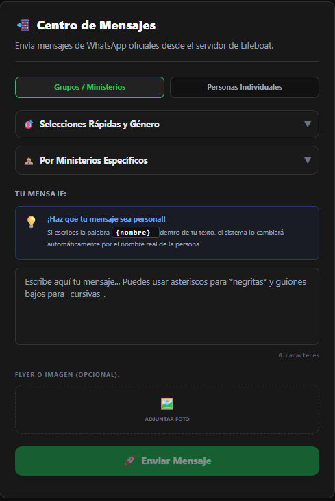 Panel de comunicación de NexChurch para enviar WhatsApp y emails segmentados a Miembros, Servidores y Ministerios